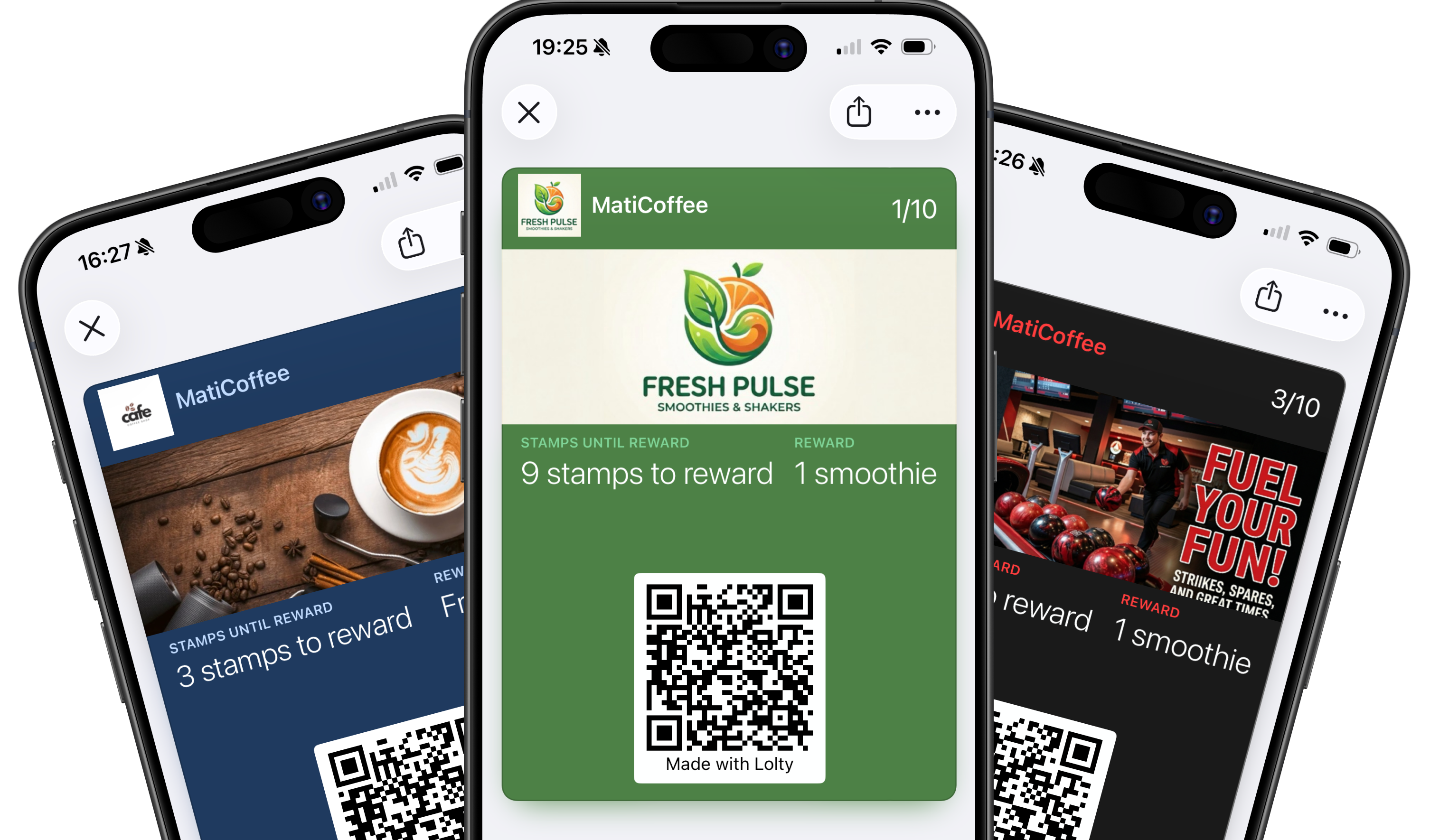 Three branded Lolty loyalty cards showing custom logos and colours